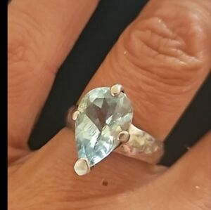 1.5 ct AA Aquamarine Teardrop Solitare 4 Prong Hammered Band Ring Sz 7